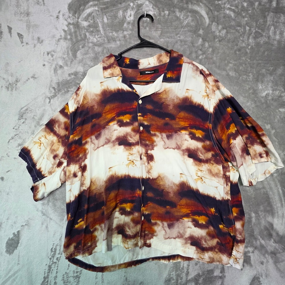 Fashion Nova Men Abstract Tie Dye Button Down Shirt XL Brown Orange Viscose